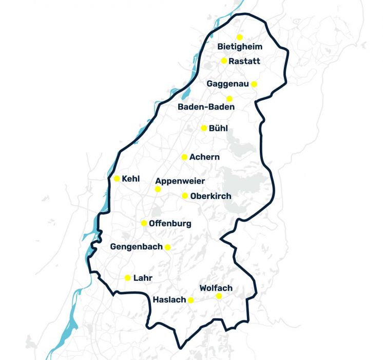 Karte des MERB Entsorgungsgebiets im Ortenaukreis und Raum Rastatt – Containerdienst u. a. in Offenburg, Achern, Kehl und Baden-Baden